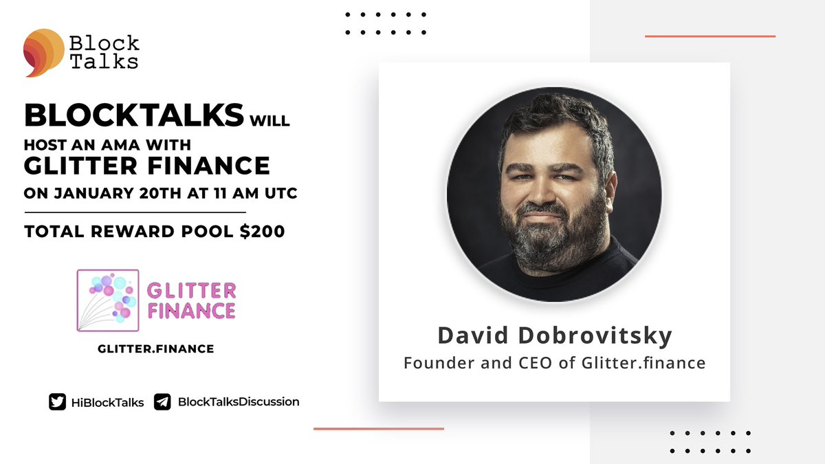 fourtisann's tweet photo. Hey Folks 🎉

BlockTalks will hold an AMA with @GlitterFinance on January 20th at 11 AM UTC in BlockTalksDiscussion 💬

Follow :
@HiBlockTalks
@GlitterFinance 

Like, Retweet &amp; comment your question below. (Please don't tag anyone in your question. Max 2 questions each person) https://t.co/3CePO0bD92