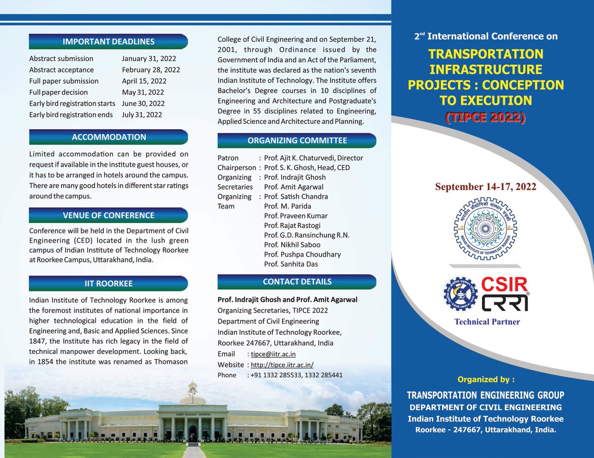 VVerma003's tweet photo. Transportation Engg. Group at @iitroorkee announces the 2nd International Conference TIPCE-2022 scheduled on Sep 14-17th, 2022.
Entries from academia &amp; industry of transportation professionals are invited.

For more details, please visit: https://t.co/vpyzR8lt3r

#Transportation https://t.co/go5EzKZaJi