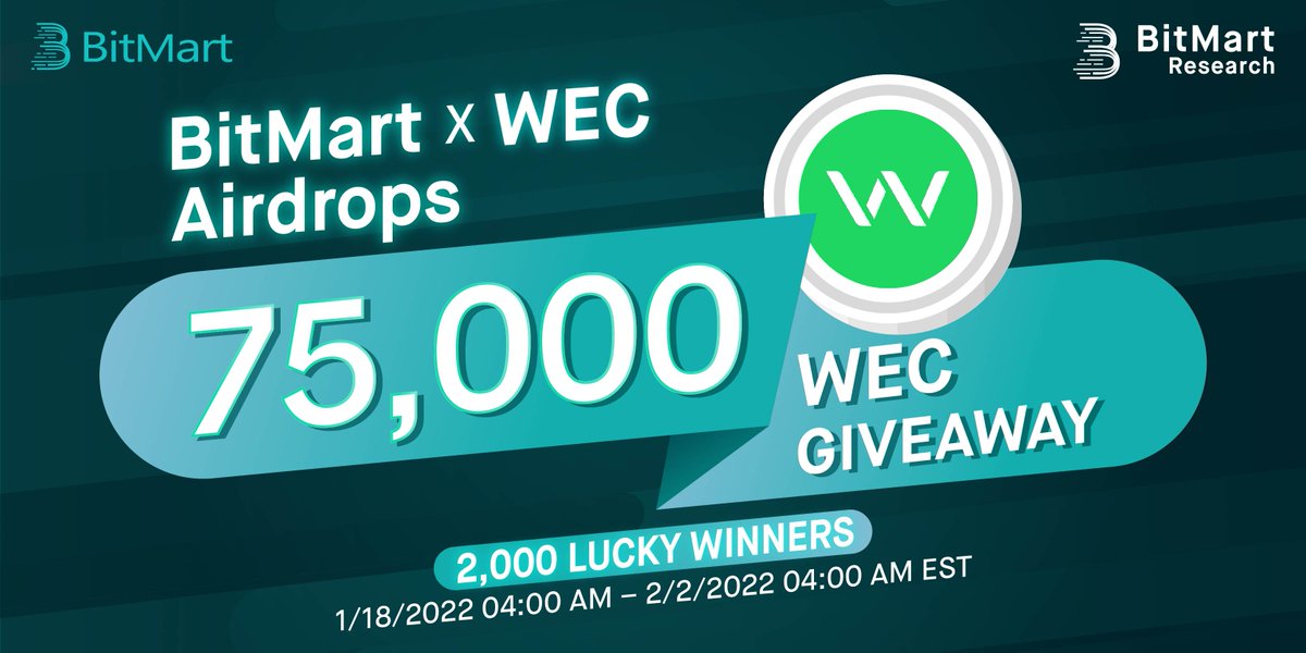 🎁BitMart X WEC Listing Airdrop!

1⃣Follow <a href="/BitMartResearch/">BitMart Research｜$BMX HODLer</a> &amp; @WholeEarthCoin
2⃣Join t.me/BitMartExchang… &amp; t.me/WholeEarthFoun…
3⃣RT &amp; Tag 3 friends
4⃣Fill out: bit.ly/3FuBwXj

🥳𝟐,𝟎𝟎𝟎 lucky winners split 𝟕𝟓,𝟎𝟎𝟎 $WEC
📅1/18/22 4AM – 2/2/22 4AM EST