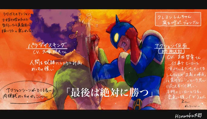 ブリキノダンス×クレヨンしんちゃん映画という動画がかっこよすぎて… クレヨンしんちゃんの戦闘シーンって作画レベル高いし、肉弾戦でかっこいいよね… 個人的にアクション仮面強いです、気付いたら視聴して描いてました。アクション仮面の中の人イケメンなんですね(驚) 