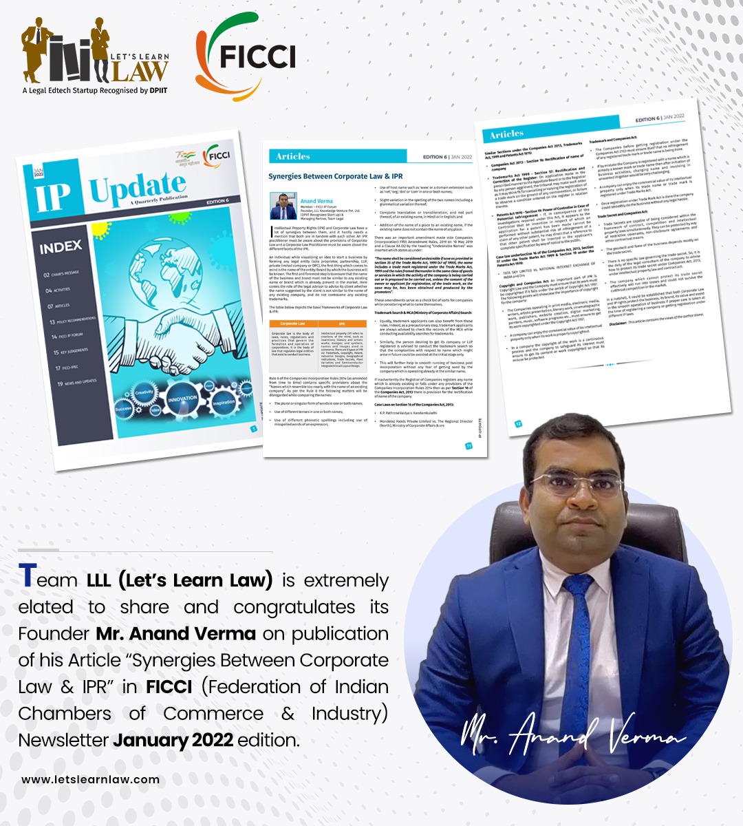 LetsLearnLaw's tweet photo. Team LLL (Let’s Learn Law) is extremely elated to share and congratulate its Founder, Mr. Anand Verma, on the publication of his Article.
For Newsletter Click Here:- https://t.co/SqdQG99AB0
...
#LetsLearnLaw #FICCI #IPUpdate #NewsletterJanuary #Trademark #IntellectualProperty https://t.co/kyUGxw5v3o
