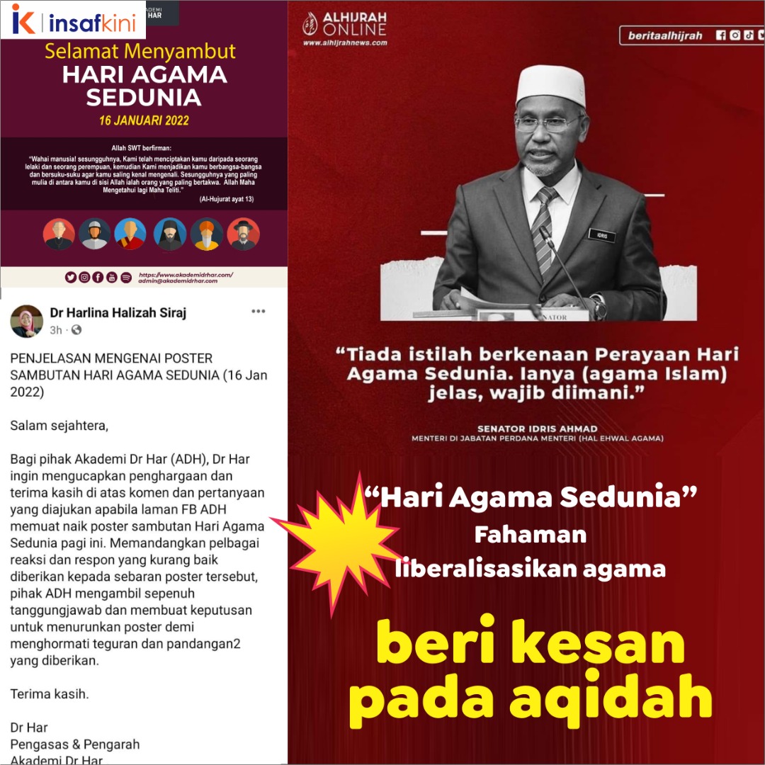 InsafKini's tweet photo. Hari Agama Sedunia

Dakyah meliberalkan Agama Islam dan cubaan menyamaratakan agama. Perbuatan ini mesti dikekang dan Umat Islam mesti menolak fahaman ini secara total. Kepercayaan yang akan merosakkan aqidah. https://t.co/1Kwt4Qkf1z