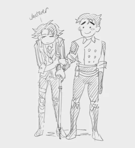 hc when viktor has no hands free from hes walking with the clutch sometimes jayce holds his wrist like this so they can still be holding hamds kinda (for his emotional needs) 