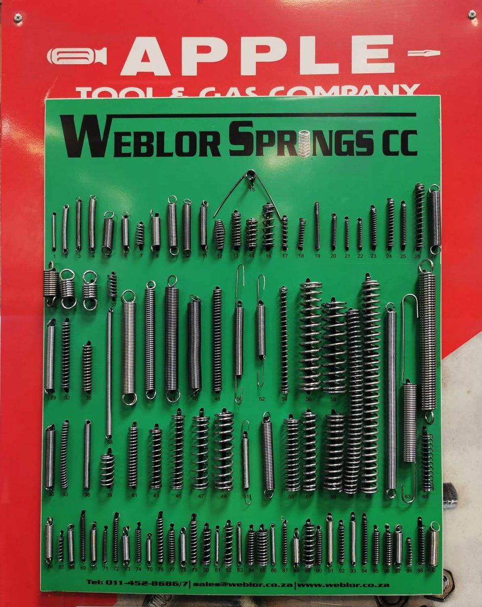 AppleGas's tweet image. Did you know that Apple Tool &amp;amp; Gas stocks a wide range of Weblor springs?
Weblor is a leading manufacturer of springs and wire forms in South Africa.  
Visit us at 43 Fabriek St, Gants Plaza, Strand.

#weblor #weblorspring #springs #wire