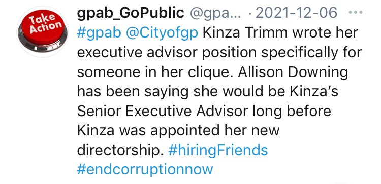 gpab_GoPublic's tweet photo. @CityofGP Allison Downing is Kinza’s Executive Assistant. Education and exp in Planning, not Administrative Assistance. Handed job and significant raise in pay because she is Kinza’s friend. #clique Experienced candidates had no chance. #gpab #ItsWhoYouKnow  #weDeserveBetter https://t.co/QXUtFGIeJW