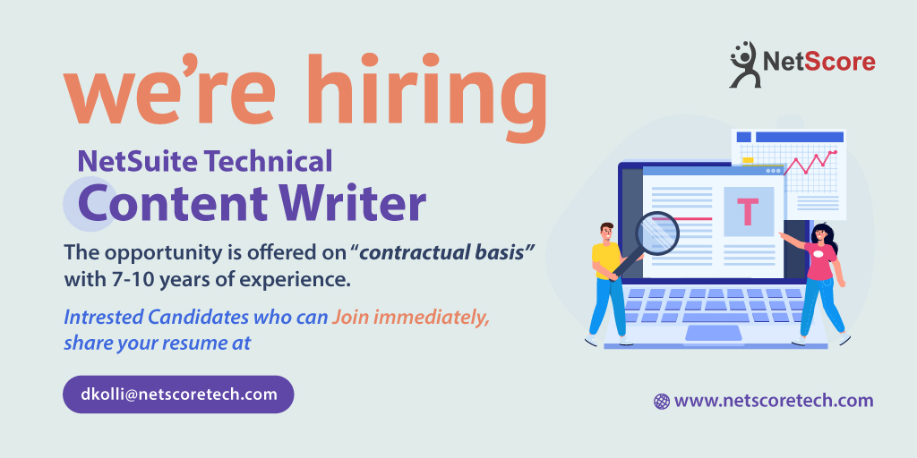 NetScoreTech's tweet image. We’re looking for a Contractual #TechnicalContentWriter to join our NetScore team! If interested, please share your resume with dkolli@netscoretech.com.

#contentwriterjobs #technicalwriter #hiringnow #interview #jobseekers #jobvacancy #NetSuite #NetScorejobopenings