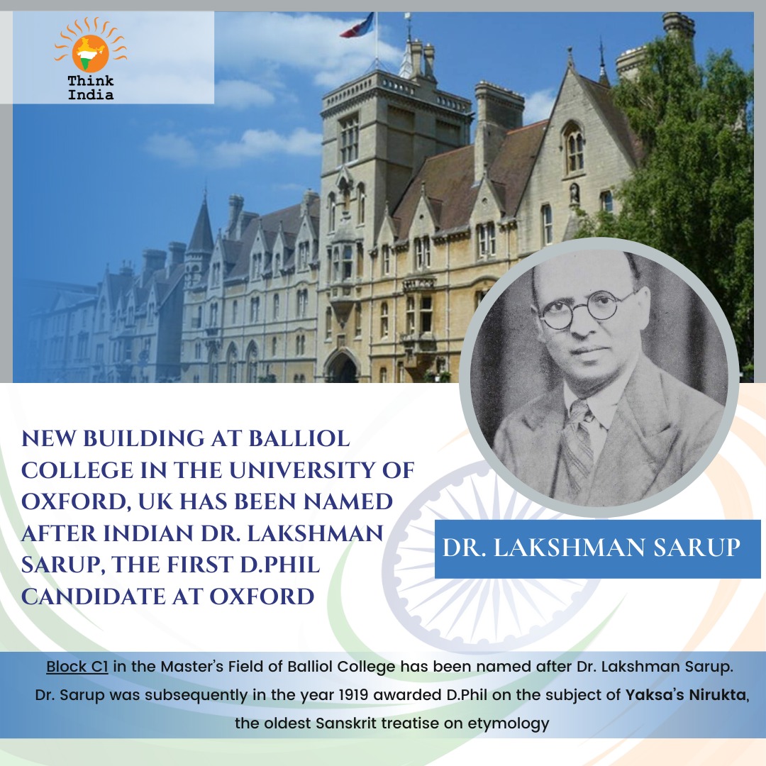 thinkindiaorg's tweet photo. Think India welcomes the naming of a new building at Balliol College, University of Oxford after an Indian scholar Dr. Lakshman Sarup.

Dr.Sarup was the first student to submit a thesis for a DPhil degree at the Oxford University.

This is a very proud moment for every Indian. https://t.co/wqf5KHtrNh