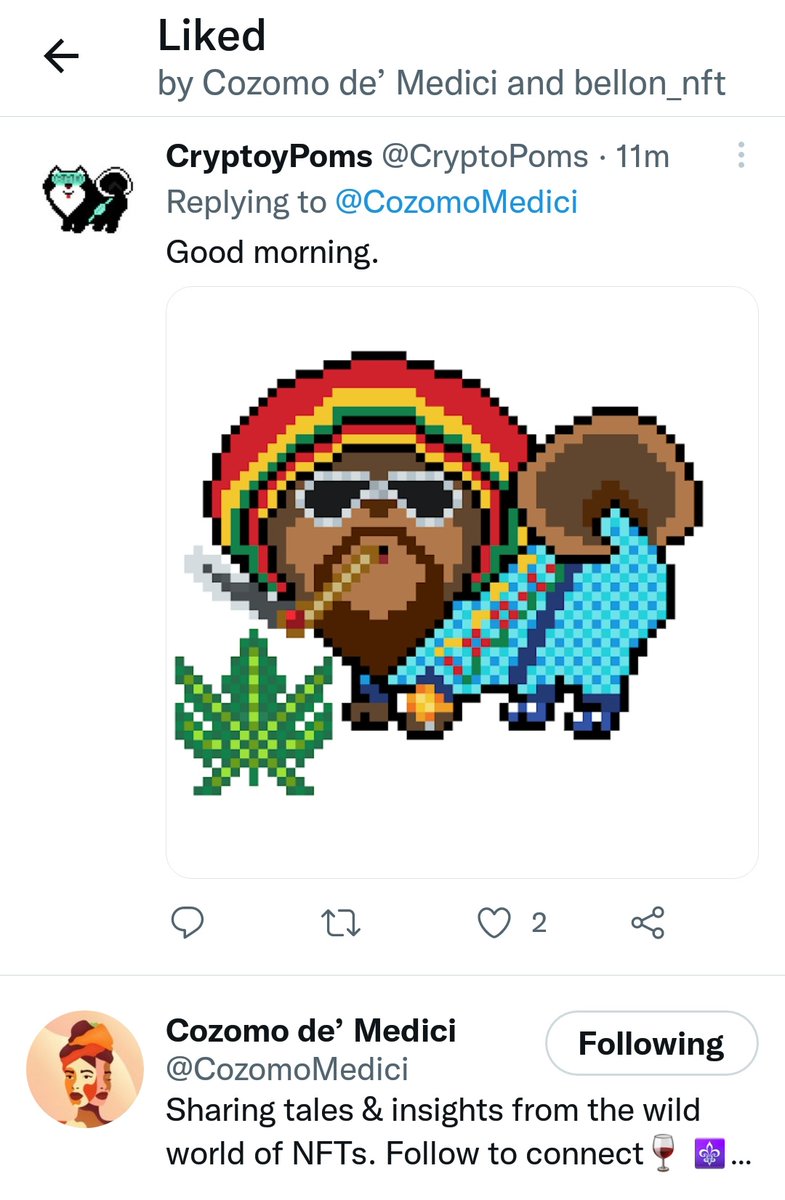 When <a href="/CozomoMedici/">Cozomo de’ Medici</a> likes the nft you created inspired by him. I am dead.😵