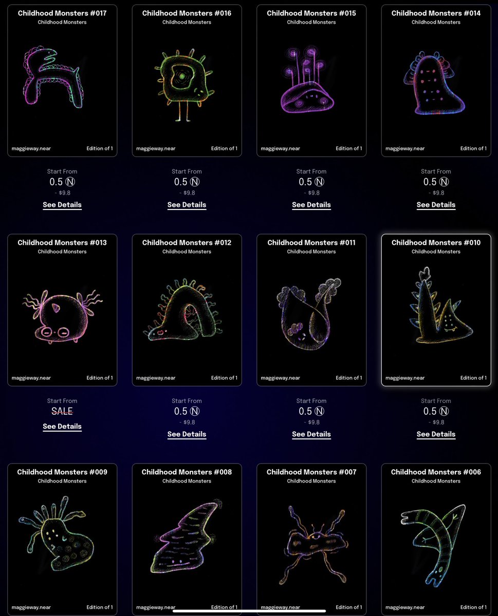 ✨New Drop✨

👾👾Childhood Monsters 👾👾

This collection is inspired by my favorite monsters to draw as a child, they are my imaginary friends.

avaliable on Paras👇👇@ParasHQ

paras.id/collection/chi…

#paras #parasnft #nearNFTs #NEARverse #NEARcollector #nearartist #NFTs