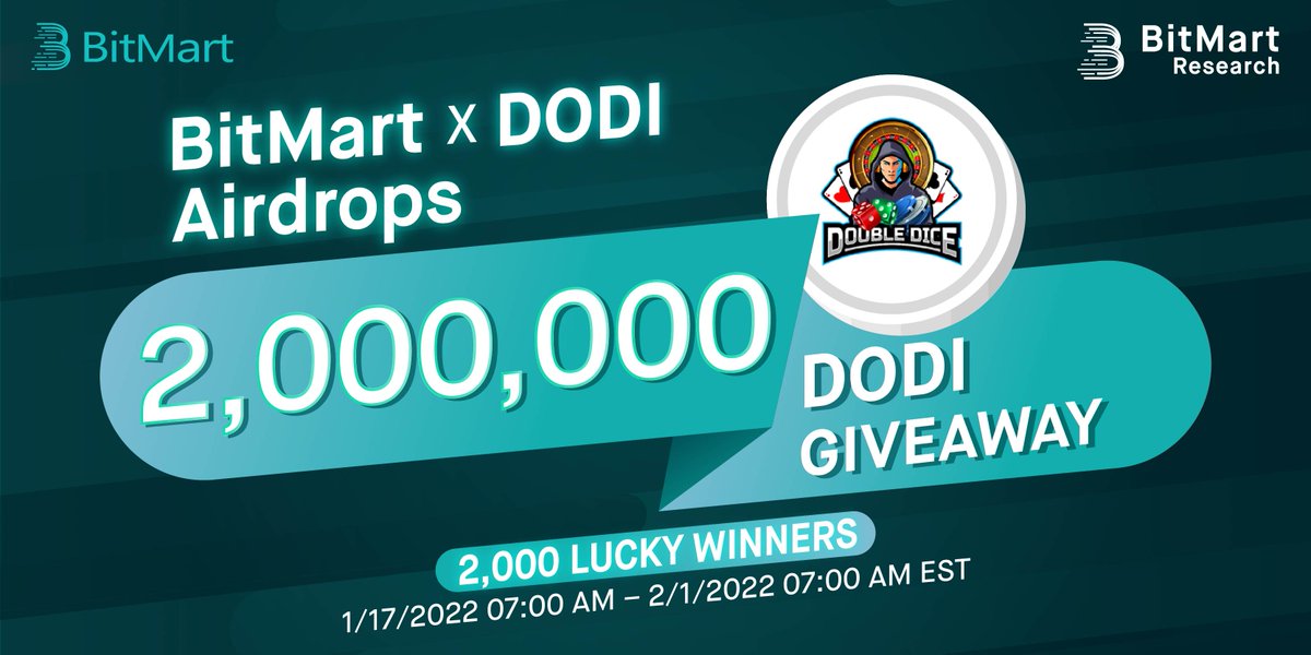 🌟BitMart X DODI Listing Airdrop!

1⃣Follow <a href="/BitMartResearch/">BitMart Research｜$BMX HODLer</a> &amp; @DoubleDice_com
2⃣Join t.me/BitMartExchang… &amp; t.me/DoubleDiceOffi…
3⃣RT &amp; Tag 3 friends
4⃣Fill out: bit.ly/3A7LvkA

🥳𝟐,𝟎𝟎𝟎 lucky winners split 𝟐,𝟎𝟎𝟎,𝟎𝟎𝟎 $DODI
📅1/17/22 7AM – 2/1/22 7AM EST