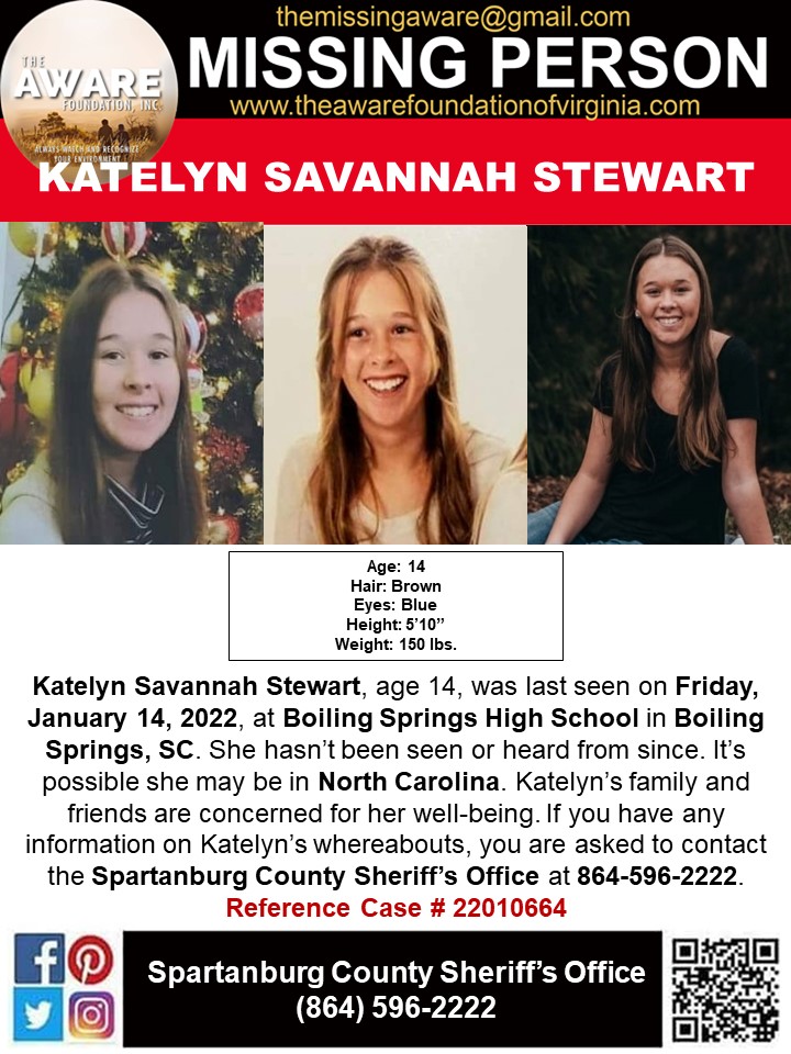 aware_the's tweet photo. ***MISSING JUVENILE*** Katelyn Savannah Stewart, age 14, was last seen on Friday, January 14, 2022, at Boiling Springs High School in Boiling Springs, SC. She hasn’t been seen or heard from since. It's possible she may be in North Carolina. https://t.co/RVOIIrBWKO
