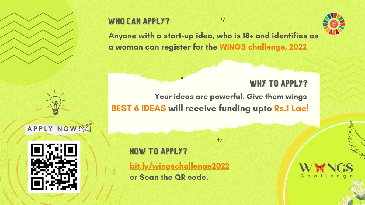APPLICATIONS OPEN
GIVE WINGS TO YOUR STARTUP IDEAS!
Send in your entries and get an opportunity to receive funding of Rs. 1 Lac.
WINGS CHALLENGE is open to all 18+ women living in India and working on path breaking idea
Click on the link: 
lnkd.in/gSU3sQPYAPPLIC…