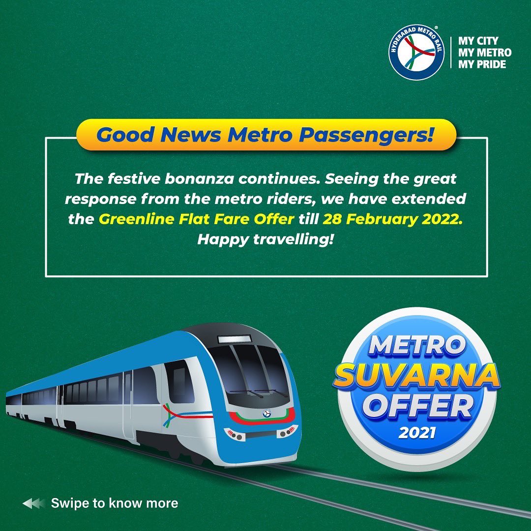 ltmhyd's tweet photo. We are happy to announce the Green Line Flat Fare Offer (Pay a maximum fare of Rs 15 only) on the Green Line Corridor has been extended till 28 February 2022. So, hurry up and grab the offer today! #MetroSuvarnaOffer #Greenline #GreenlineflatfareOffer #HyderabadMetro #ltmhyd https://t.co/vahob1xNH5
