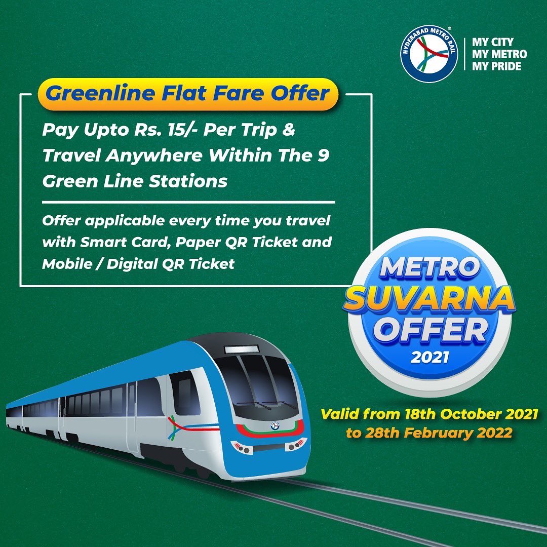 ltmhyd's tweet photo. We are happy to announce the Green Line Flat Fare Offer (Pay a maximum fare of Rs 15 only) on the Green Line Corridor has been extended till 28 February 2022. So, hurry up and grab the offer today! #MetroSuvarnaOffer #Greenline #GreenlineflatfareOffer #HyderabadMetro #ltmhyd https://t.co/vahob1xNH5