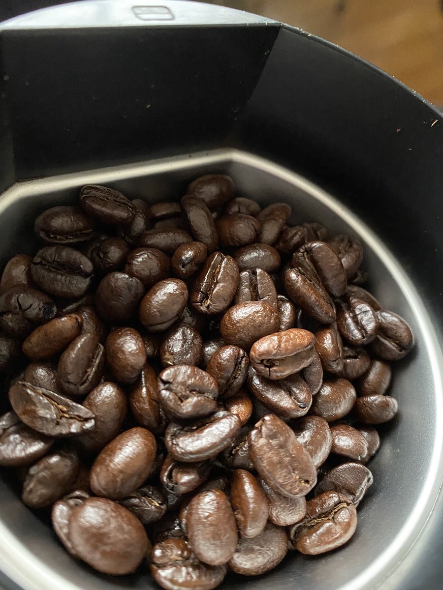 seek_s110's tweet photo. 今飲んでいるDark Aromaはかなり深煎りで相当黒光っている。ちょっと保存状態悪かったかな、豆が脂汗かいちゃいました。
#コーヒー　#加藤珈琲店　#coffee https://t.co/kCQI1PM4bb