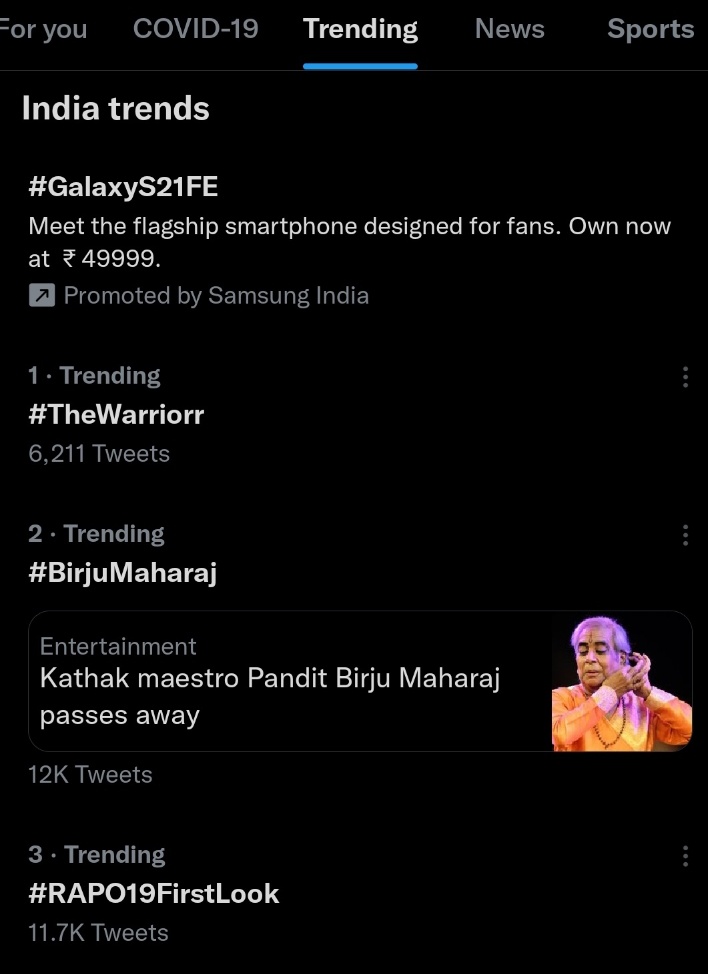 JustRapo's tweet photo. #TheWarriorr , #RAPO19FirstLook , #RAmPOthineni 
All 3 tags are trending in india
@SS_Screens @TrendRAPO https://t.co/2S6Elt8dgW