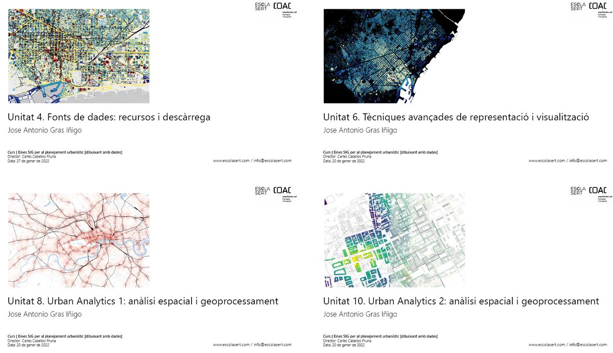 josegras_urb's tweet photo. Aquesta setmana comença un nou curs de l'@EscolaSert @COACatalunya sobre #GIS aplicat a #urbanisme, on jo impartiré 4 unitats sobre #dades, visualització avançada d'aquestes i #urbananalytics aplicat a planejament i disseny urbà.

Matriculació fins al 19 de gener. https://t.co/p3tfqfCE3g