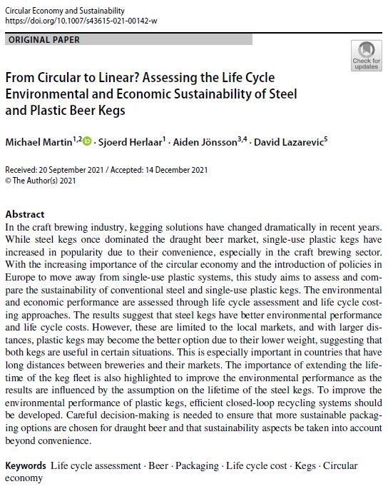 davelazarevic's tweet photo. For those interested in #craftbeer and how that hoppy amber nectar gets to your local pub… this #LCA shows the environmental and economic impacts of the current shift to one-way plastic kegs. 
@SYKEint #sykepublication
https://t.co/pq0j9i356K https://t.co/1OdOFOpe1e