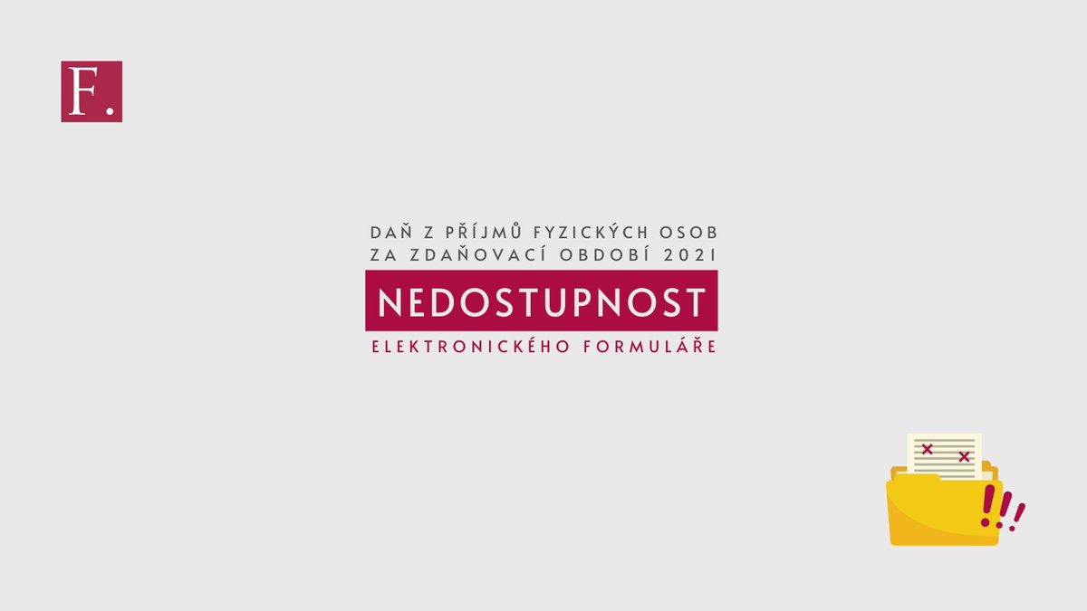 financnisprava's tweet photo. ❌ Opětovně upozorňujeme, že z důvodu probíhající aktualizace databáze formulářů není zatím bohužel možné zpracovat a odeslat elektronický formulář přiznání k dani z příjmů fyzických osob za zdaňovací období 2021 v aplikacích EPO a DIS+.
⇢ https://t.co/oRPoJEoZCI https://t.co/a0biOUmdzR