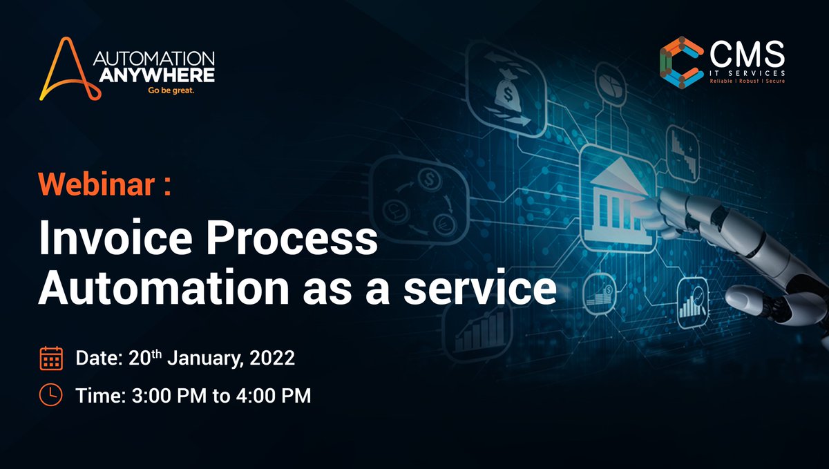 Join our Webinar on Invoice Process Automation on 20th January. #3daystogo

Read More: attendee.gotowebinar.com/register/81124…

#technology #innovation #cxo #ceo #automation #automationanywhere #invoiceprocessautomation #invoiceautomation #invoice #procurement #webinar