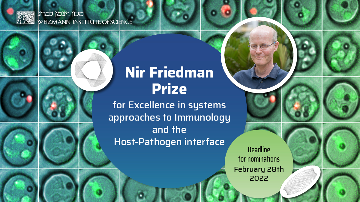 📣Nominations now open for the Nir Friedman Prize. A #PhD student in the field of Systems Infection Biology and #Immunology will be awarded a prize of 10K ILS for their original research conducted at an Israeli university or research institution👉 bit.ly/nirfriedmanpri…