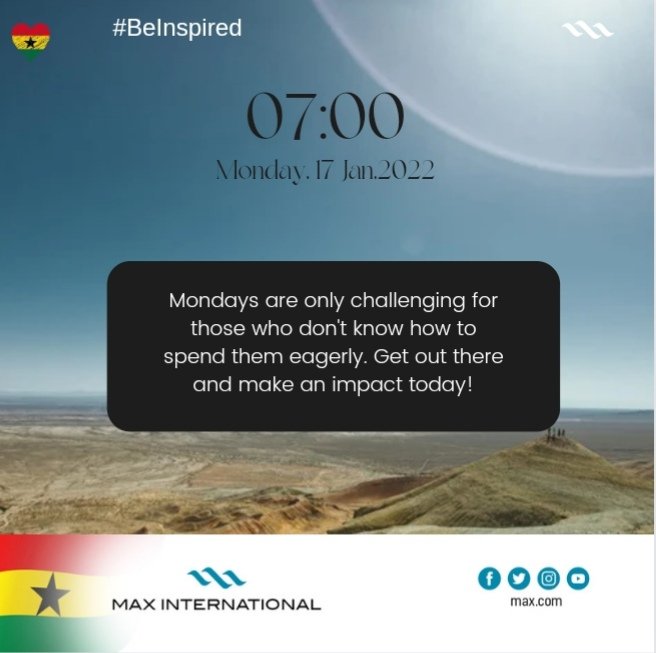 maxintlghana's tweet photo. Monday are only challenging for those who don't know how to spend them eagerly. Get out there and make an impact today!
Share with us your Monday morning experience😊

#BeInspird https://t.co/ofhQbqP6gI