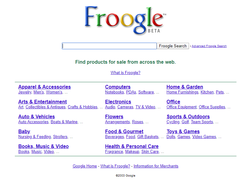 WebDesignMuseum's tweet photo. In December 2002 Google launched the shopping engine Froogle.
It was a service that made it easy to find information about products for sale online. In 2007 Froogle was rebranded as Google Product Search.
https://t.co/2JmcWQDbb3
#Froogle #Google https://t.co/uGPO9iguRo