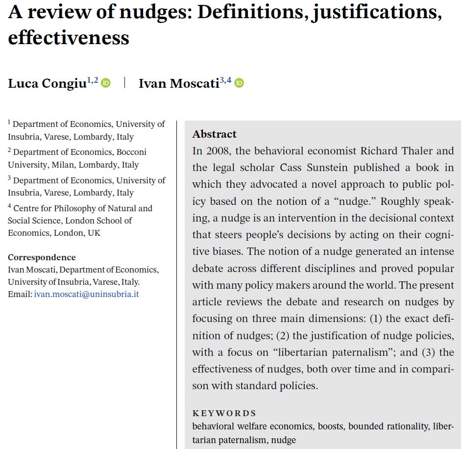Happy to share that "A review of nudges: Definitions, justifications, effectiveness", by Ivan Moscati (<a href="/gaddus2016/">Ivan Moscati</a>) and myself, is now published in an issue of Journal of Economic Surveys (@WileyEconomics)! #EconTwitter 

It's available here, open access: onlinelibrary.wiley.com/doi/epdf/10.11…