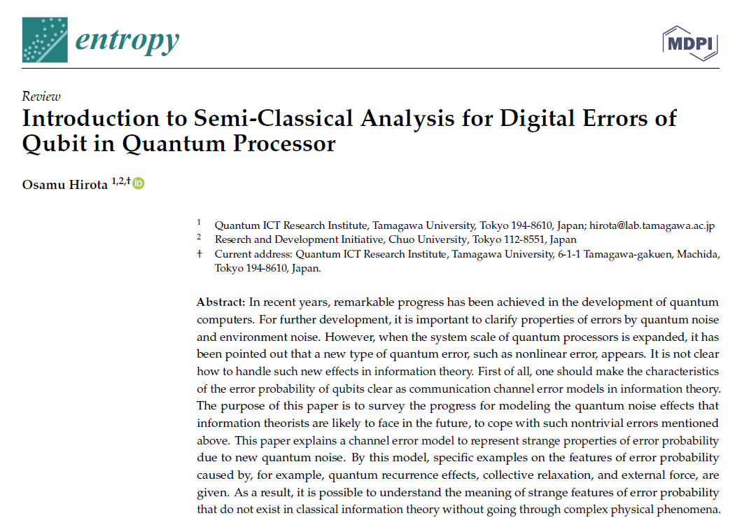 Entropy_MDPI's tweet photo. #mdpientropy "Introduction to Semi-Classical Analysis for Digital Errors of Qubit in Quantum Processor" https://t.co/sufQiwpqtu
#nonlinearerror
#bursterror
#cosmicray
#quantumZenoeffect https://t.co/1KVBiLW3tk