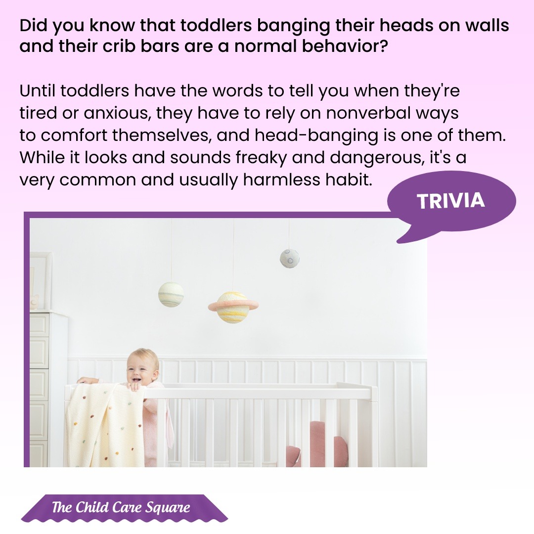 childcaresquare's tweet photo. Did you know that toddlers banging their heads on walls and their crib bars are a normal behavior?
Until toddlers have the words to tell you when they're tired or anxious, they have to rely on nonverbal ways to comfort themselves.
#Babies #Learn #Early #ChildofIG #DayCare https://t.co/VdxAxYZbZb