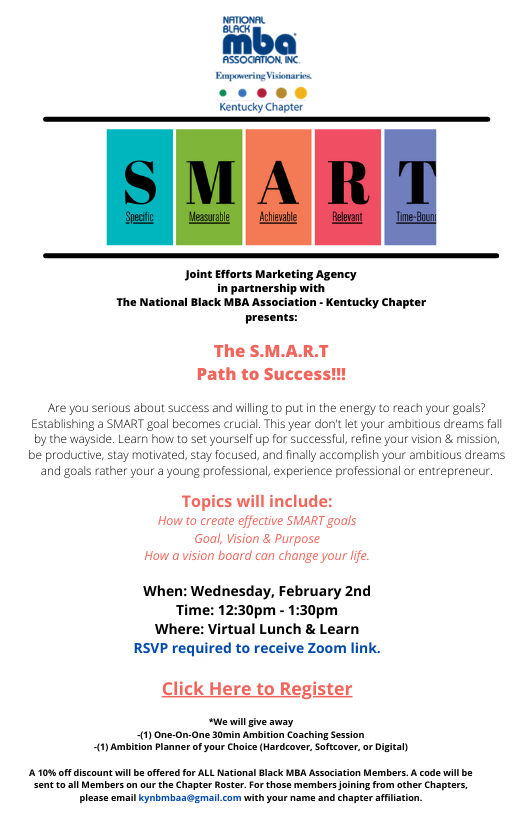 kynbmbaa's tweet photo. The S.M.A.R.T Path to Success!!! A Virtual Event by the National Black MBA Association - Kentucky Chapter.  Registration Required. Please click the following link to register: https://t.co/duWfOfVKKc https://t.co/qbgh72QdET