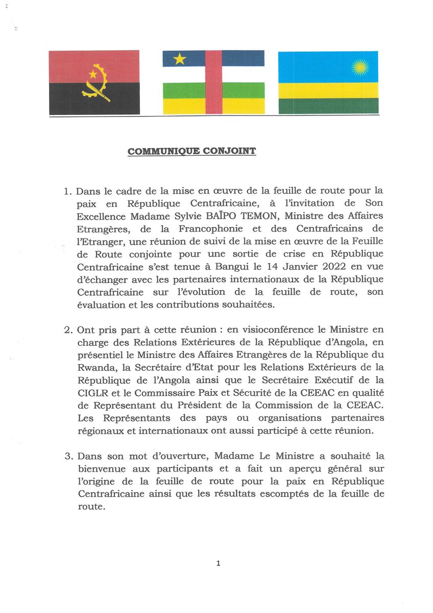 SylvieBAIPO_RCA's tweet photo. #DiplomatieRCA🇨🇫
@RFI @CharlotteCosset 
Voici la vraie version. Communiqué validé par Angola Rwanda et RCA.
La vraie information s'obtient auprès des vraies personnes, celles qui sont désireuses réellement et non en façade d'un avenir meilleur pour la RCA. https://t.co/wSQYSJpVUB