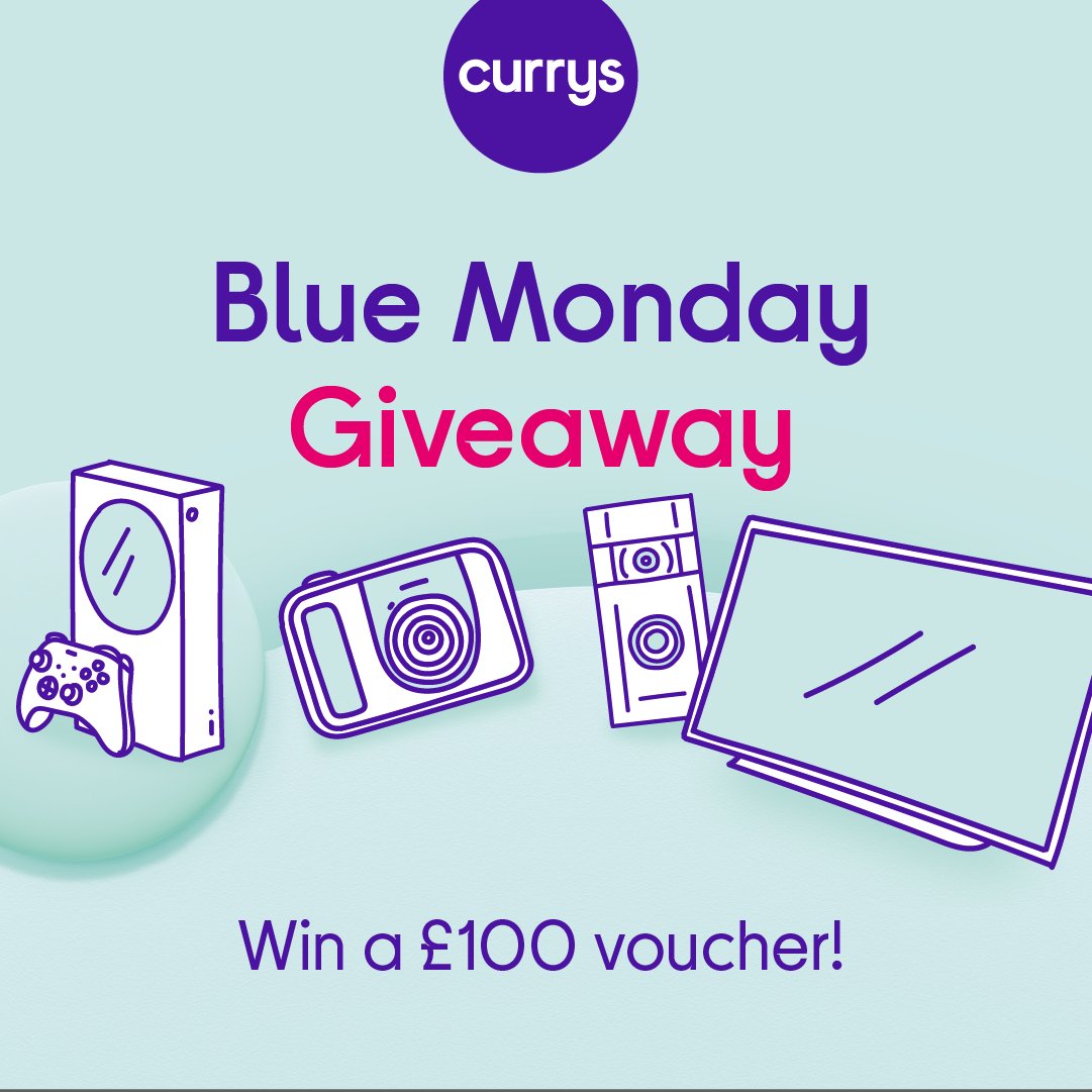 To brighten up your #BlueMonday - we're giving away 5x £100 Currys vouchers! 🙌 

To enter, simply retweet &amp; reply to this tweet with something that makes you smile 👇 

Good luck, you have till 8pm to enter 🤞 
Full T&amp;Cs: bit.ly/3zVYiGz