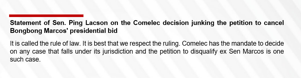 newswatchplusph's tweet photo. Sen. Ping Lacson says it is best to respect Comelec's decision to junk the petition to cancel Bongbong Marcos' presidential bid. https://t.co/KZYNfmfMcL