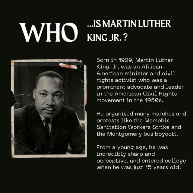 buzz_bulletin's tweet photo. Martin Luther King Jr day is today on the 17th of January. Swipe to find out about him, what he did for America and more.

#mlkday #martinlutherkingjr #martinlutherking #martinlutherkingquotes #martinlutherkingday #mlk #blackhistory #civilrightsmovement https://t.co/0t6d5a1Dps