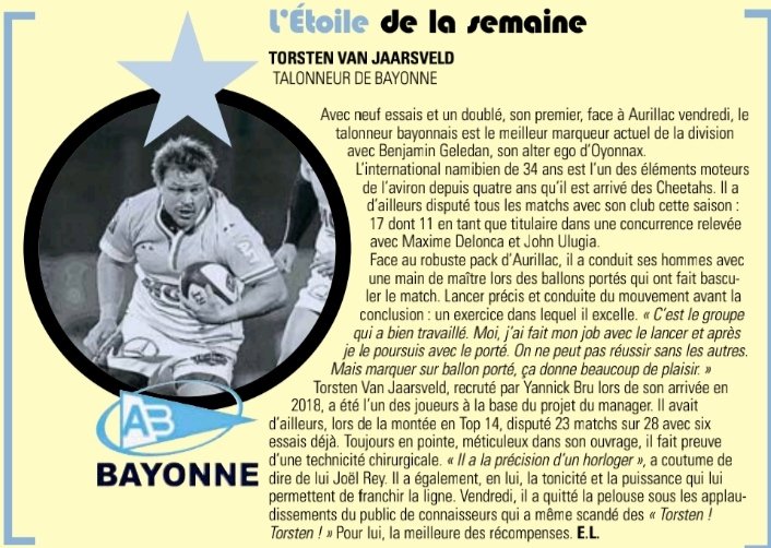 catourneovale's tweet image. Un grand bravo à Torsten Van Jaarsveld étoile de la semaine de #ProD2 pour Midi Olympique après son doublé vendredi face à Aurillac 😍
Il est accompagné dans le XV de la semaine par Matis Perchaud et Gaëtan Germain 👏
#Rugby #Bayonne