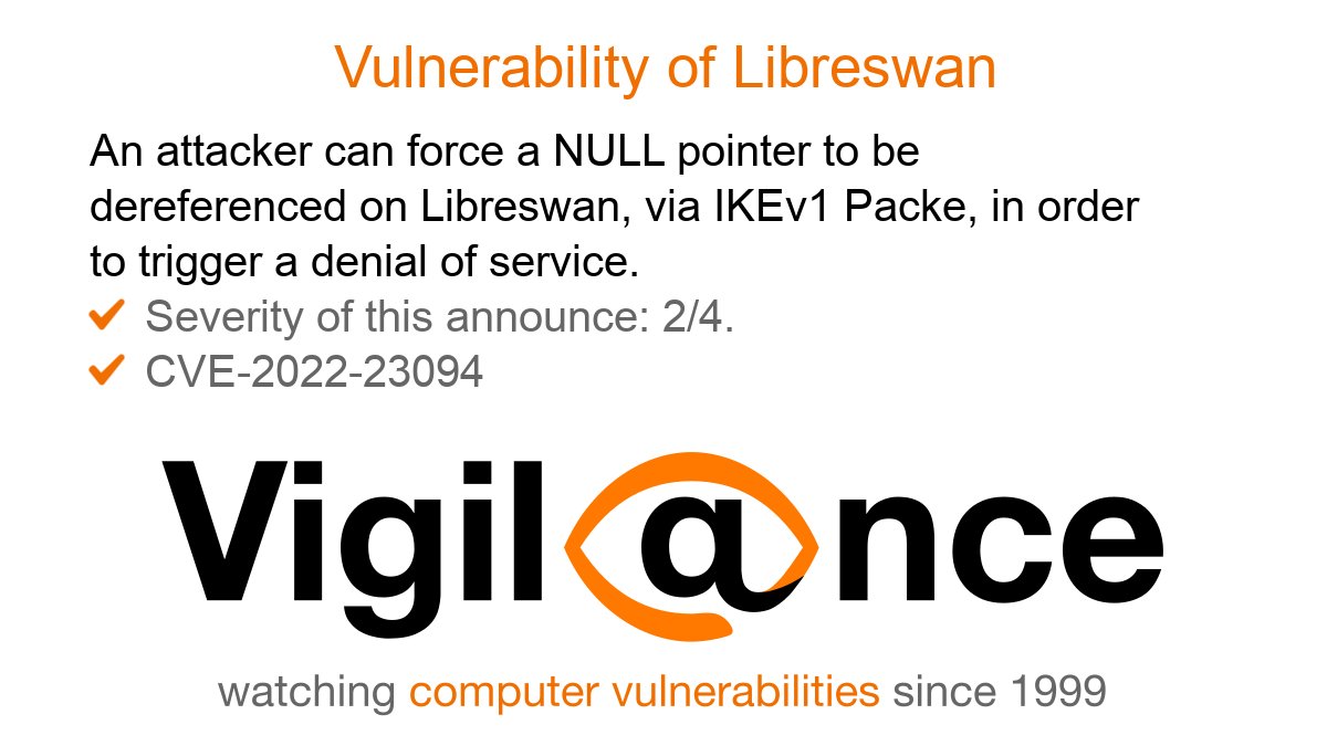 Vigil@nce #Vulnerability of Libreswan: NULL pointer dereference via IKEv1 Packe. https://t.co/p79UBzoOrq Identifiers: #CVE-2022-23094. #CyberSecurity https://t.co/Bli7Pq8S7E