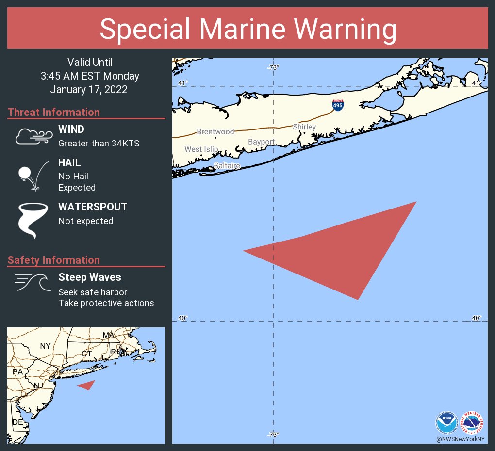 Special Marine Warning including the Waters from Moriches Inlet NY to Montauk Point NY from 20 to 40 NM and Waters from Fire Island Inlet NY to Moriches Inlet NY from 20 to 40 NM until 3:45 AM EST https://t.co/otw1jwu6kx