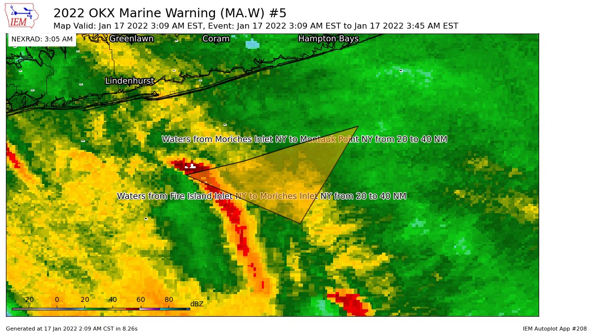 OKX issues Marine Warning [wind: >34 KTS, hail: 0.00 IN] for Waters from Fire Island Inlet NY to Moriches Inlet NY from 20 to 40 NM, Waters from Moriches Inlet NY to Montauk Point NY from 20 to 40 NM [AN] till 3:45 AM EST https://t.co/pp42C4d62h https://t.co/y1W93MvAty