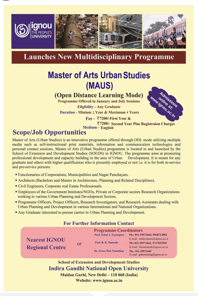 RCCHENNAI1's tweet photo. 📢#IGNOU launched MA in Urban Studies (MAUS) for January,2022 session. 
➡️This multidisciplinary program will be very useful to graduates seeking employment in Urban Development Sector.
➡️Eligibility:Any Graduate
➡️To join juz click: https://t.co/z6UAIhgp49
📆Last Date:31-01-2022 https://t.co/K15HMBwbMJ
