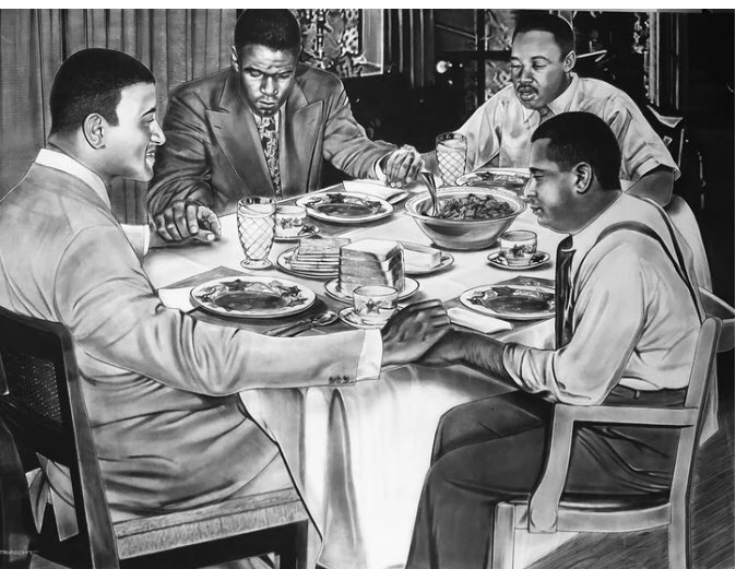 realnedcolletti's tweet photo. In a painting entitled “Grace” Martin Luther King Jr, Jackie Robinson, Don Newcombe, Roy Campanella) share a prayer and a meal. Just 28 days before he was assassinated Dr. King visited Newk &amp; let him know what he, Jackie, Larry Doby &amp; Campy had meant to the civil rights cause.✌🏼 https://t.co/ejm8M8dham