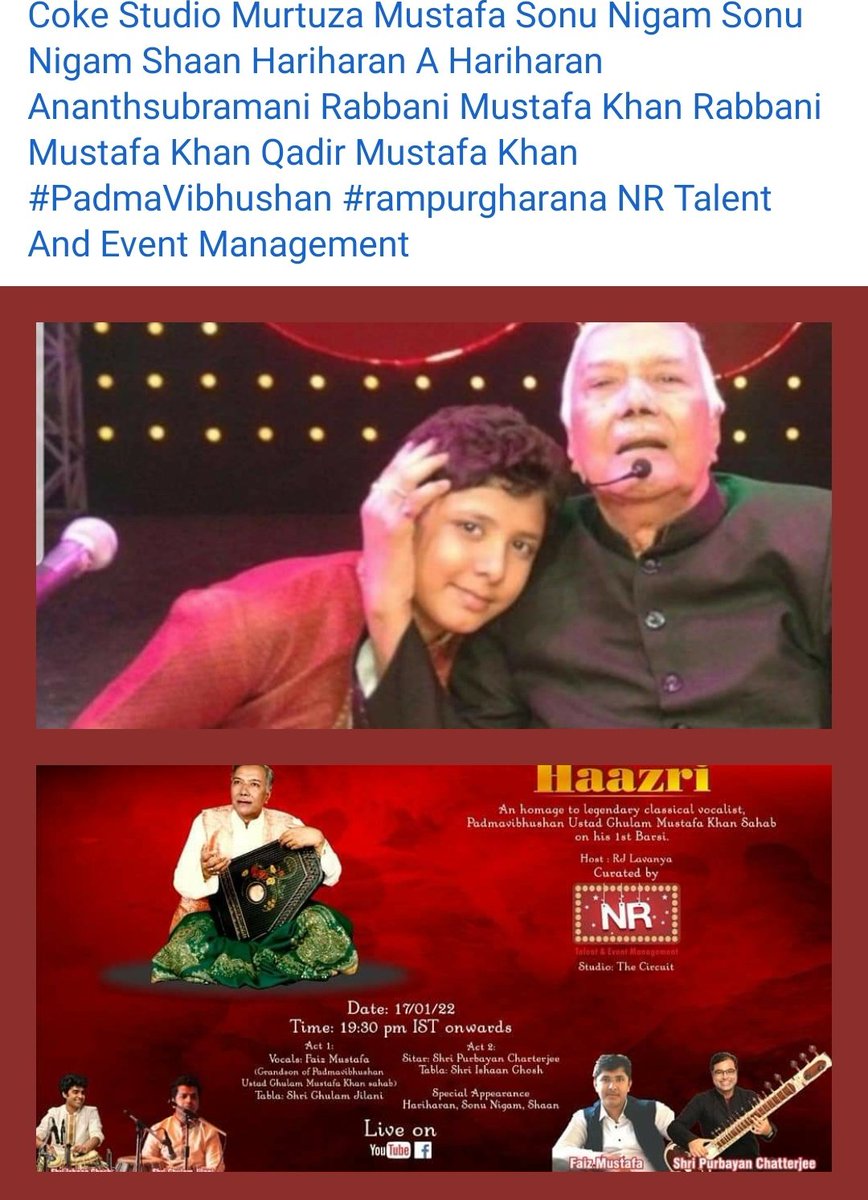 iUGMK's tweet photo. @namrataguptakha
Faiz Mustafa , Grandson of Padmavibhushan Ustad Ghulam Mustafa Khan Sahab is one of the youngest vocalist of the Rampur Sahaswan Gharana .
He will be performing live today at an event called "Haazri" and shall pay a musical tribute to his legendary Grandfather. https://t.co/viwHD9xDvz