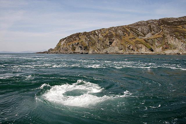 Corryvreckan Whirlpool (from the Gaelic Coire Bhreacain meaning "cauldron of the speckled seas" or "cauldron of the plaid") is a narrow strait between the islands of Jura &amp; Scarba, nr Oban. It's the 3rd largest in the world &amp; the resulting maelstrom can be heard over 10km away!