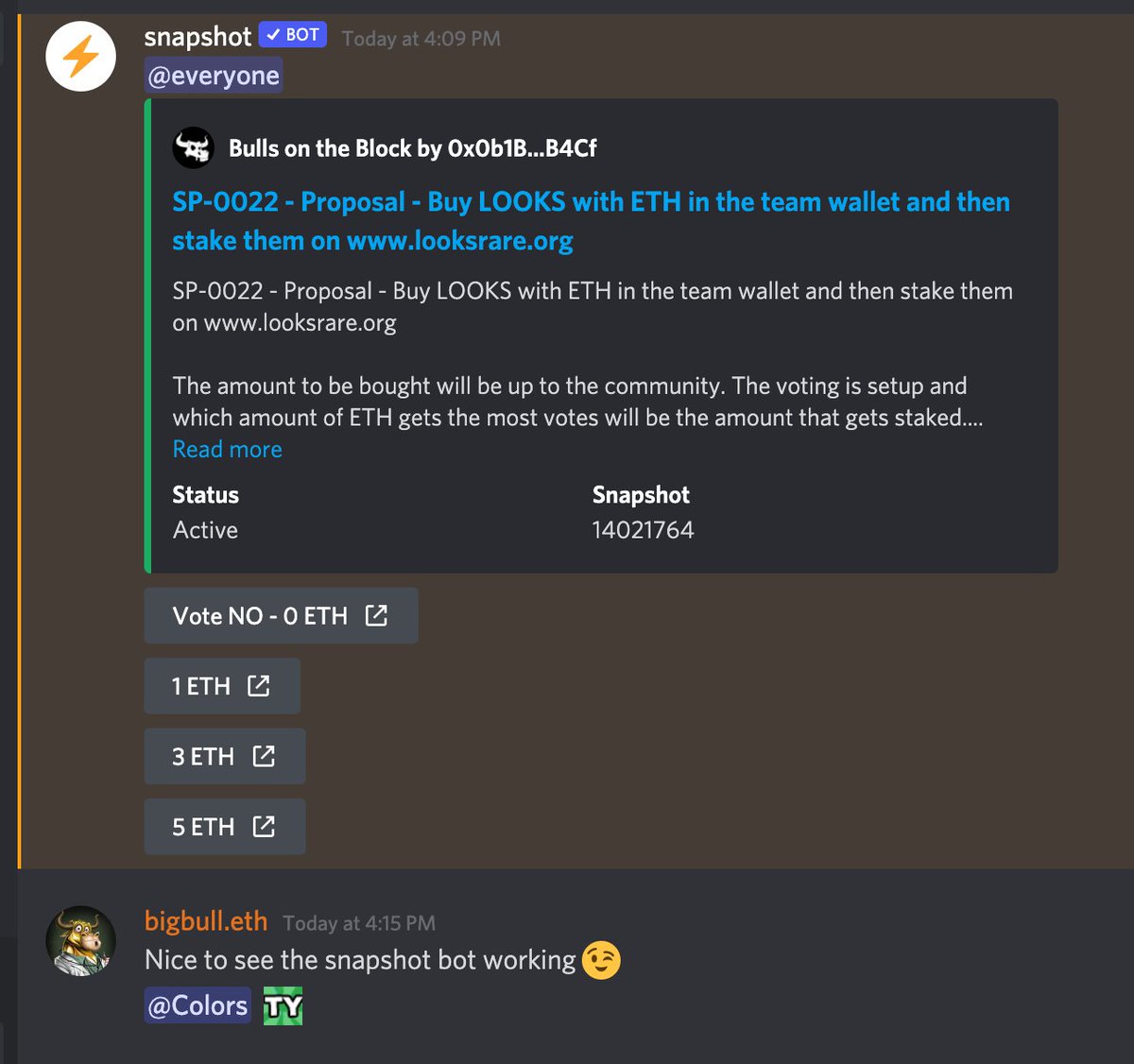 KapitalCrypto's tweet photo. Nice to see #snapshot bot working in #discord 

#botb #bulldao #bullsontheblock #bullsruntogether https://t.co/OMrlUl4Sfp