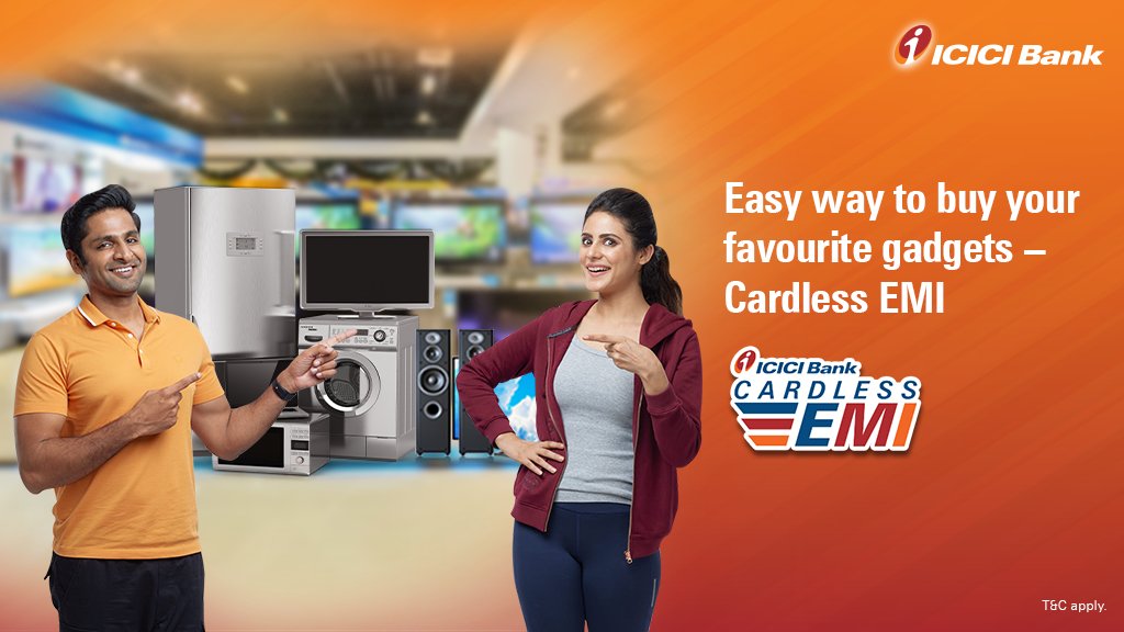 ICICIBank's tweet photo. Whether you want to buy your wishlisted gadgets or appliances, you can easily purchase them with #ICICIBank Cardless EMI facility simply by using your mobile phone and PAN in lieu of wallet or cards.

Happy shopping! #GoShoppingGoCardless
 
Know more here: https://t.co/OlY6zy1T0I https://t.co/gQY0FPIQE9