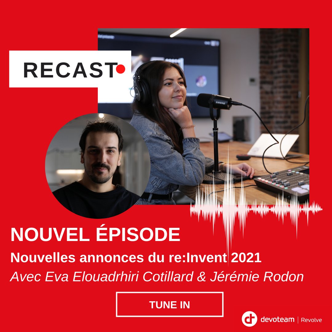 [#ReCast]  Le #podcast  REVOLVE 🎙
🎧Bientôt Mardi ! Time for Recast !🙌🏻

👉🎤Retrouvez notre AWS Community Heroe, @JeremieRodon et Eva Elouadrhiri Cotillard au micro pour un reCap du #reinvent2021  

📆 RDV Mardi, 18 jan à midi !
➡️ lnkd.in/dqn6d5c
#cloud #data #tech #IT