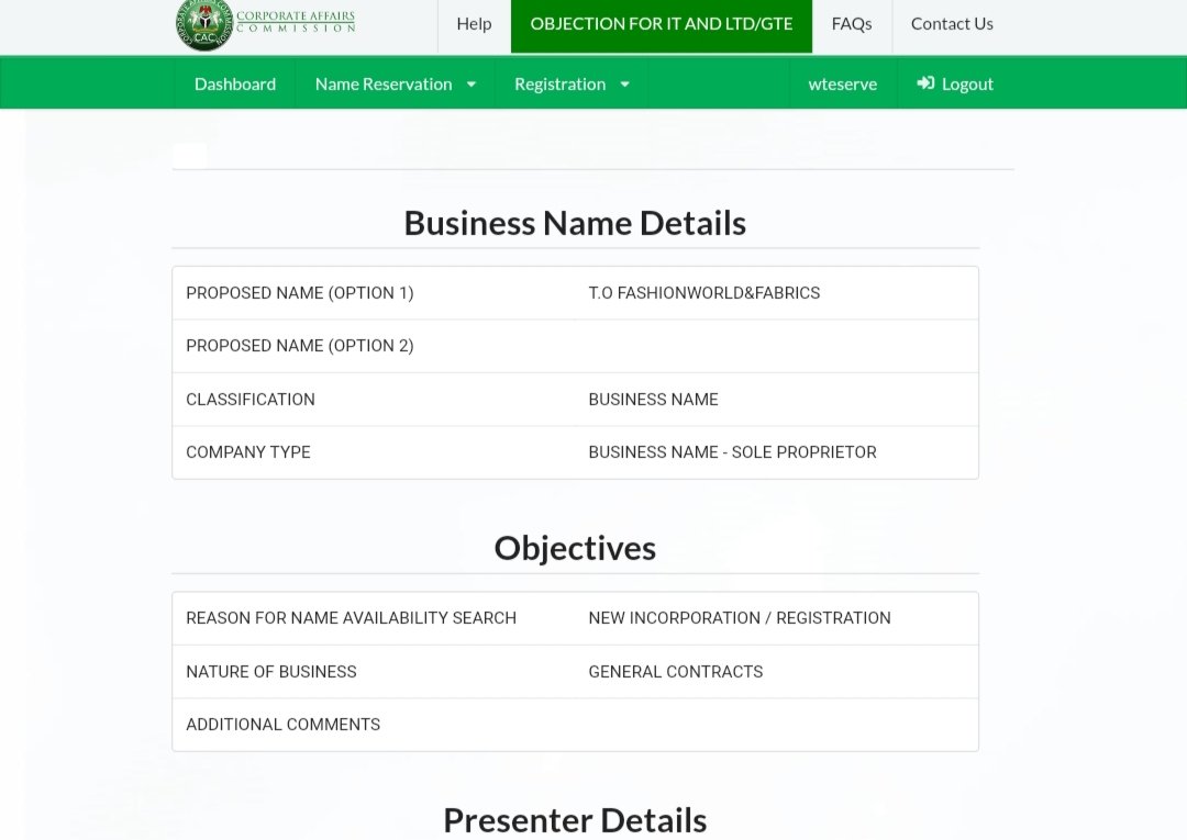 CacLegal's tweet photo. How its starting- Name reservation application to register *T. O FASHIONWORLD&amp;FABRICS with the Corporate Affairs Commission.
|| at 22 || tomorrow is Monday || she's 22 || Nnamdi Kanu || teamWhiteNigerian https://t.co/8QUBhmyjme