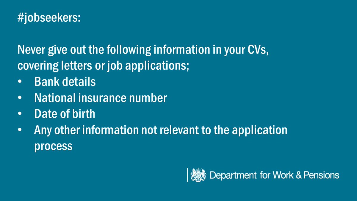 findajobsupport's tweet photo. #jobseekers: Never give out the following information in your CVs, covering letters or job applications; bank details, National insurance number or date of birth. https://t.co/KbFHcoCetf