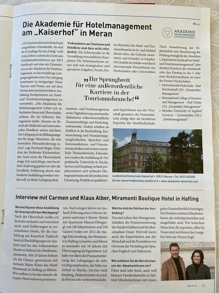 miramonti's tweet photo. Möchtest du eine traditionelle und fundierte Ausbildung im Tourismus (Gastronomie und Hotelerie)? Dann besuche so wie wir die Akademie für Hotelmanagement am Kaiserhof in Meran. Für einen Tag sind wir dort nach 20 Jahren zurück gekehrt. Die Erinnerungen waren stark und emotional. https://t.co/xbhme5d4oM