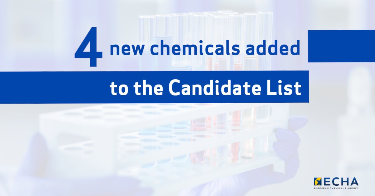 We have added four new substances of very high concern, #SVHCs, to the Candidate List. It now contains 223 entries for #chemicals that can harm people or the environment. 👉 fcld.ly/x7q76b1